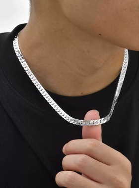 黑色钛钢项链男士潮流街拍古巴链素链嘻哈学生党小众高级感配饰银