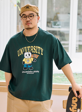 210gGEEEKPANDA加肥宽松大码男夏圆领卡通做旧复古印花T恤9523