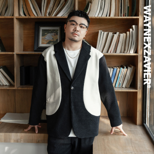 GEEEKPANDA大码 男9062 加肥加大宽松翻驳领灯芯绒撞色拼接西服西装