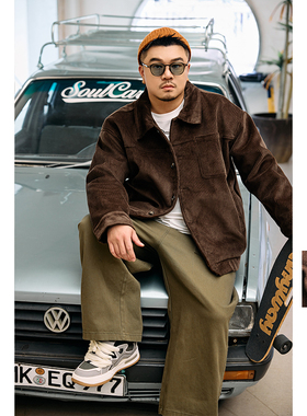 GEEEKPANDA加肥加大宽松大码冬男翻领加绒灯芯绒休闲复古夹克9347