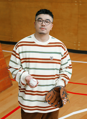 GEEEKPANDA潮牌大码美式学院风卫衣男女同款秋季宽松复古条纹8853