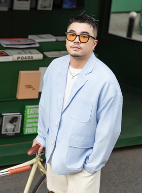GEEEKPANDA商务休闲大码泡泡纱西装外套男长袖蓝色条纹西服潮8148