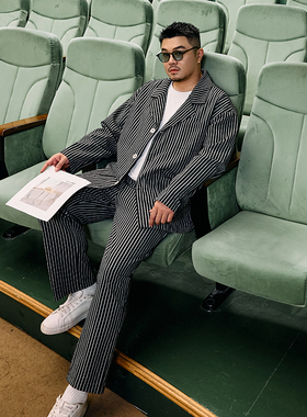 GEEEKPANDA加肥加大宽松大码男春翻驳领休闲条纹显瘦西服外套9280