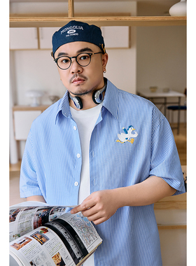 GEEEKPANDA加大宽松大码男夏翻领卡通刺绣竖条纹显瘦短袖衬衫9396