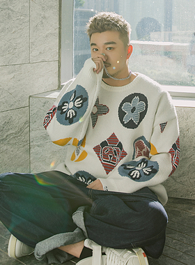 GEEEKPANDA加肥加大潮大码宽松圆领混纺撞色加厚毛衣男6630