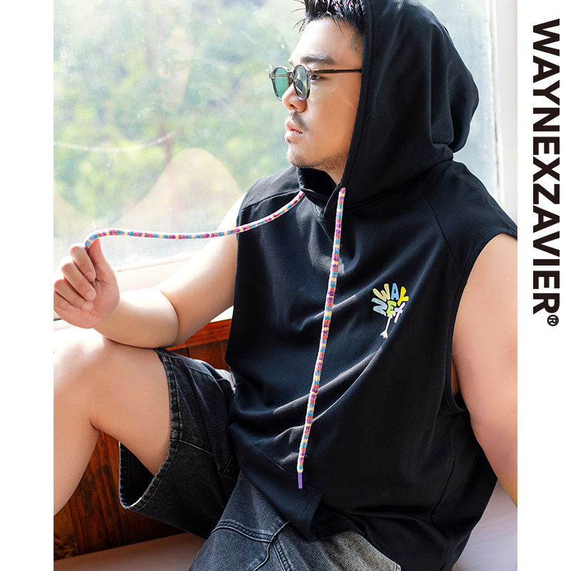 210gGEEEKPANDA宽松大码男夏连帽撞色帽绳字母印花兜袋背心9105