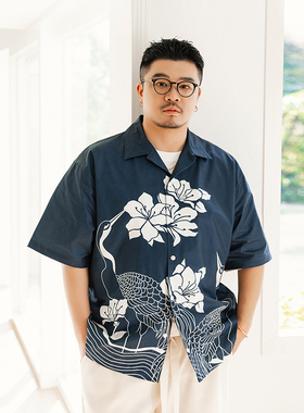 GEEEKPANDA加肥加大男装大码古巴领泡泡纱印花短袖宽松衬衫9152