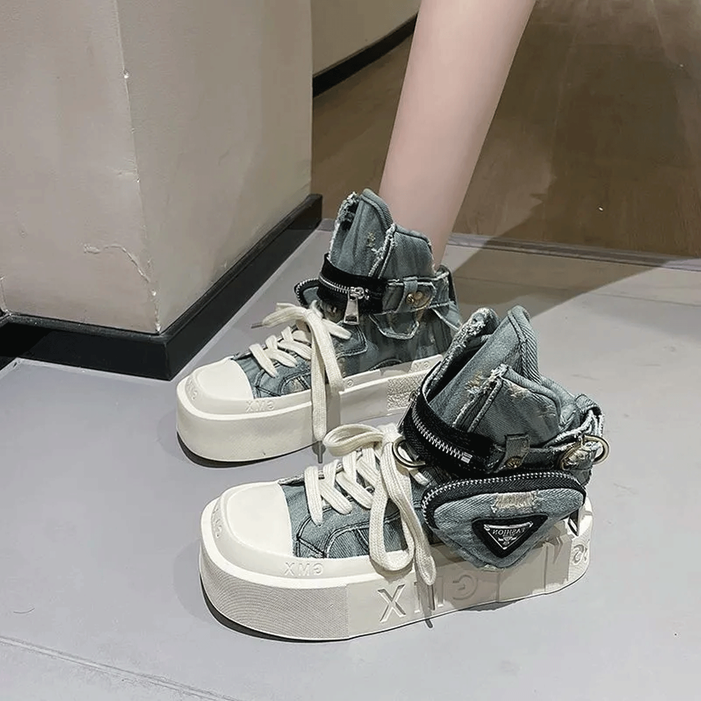 赵露思同款复古牛仔布高帮鞋女2025新款春款韩版炸街潮牌厚底板鞋