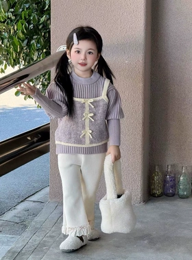 配tutu裙上衣紫色女童公主毛衣假两件秋冬加厚新款儿童长袖针织衫