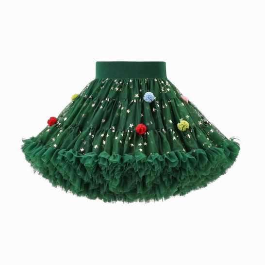 2025新款绿色网纱蓬蓬纱圣诞节女孩演出表演tutu洋气儿童半身短裙