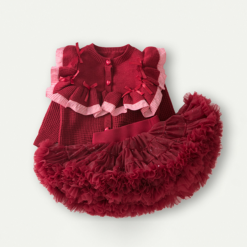秋冬季蓬蓬裙套装酒红色年服女童