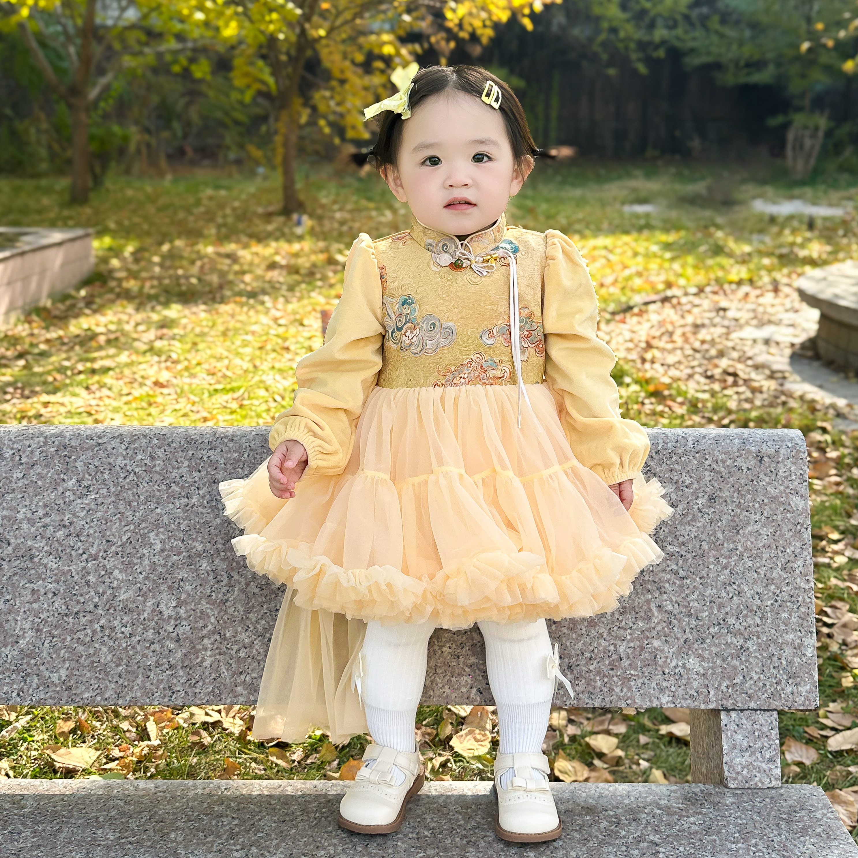 女宝周岁礼服网纱拼接丝绒tutu连衣裙婴幼儿秋冬季中国风长袖加厚