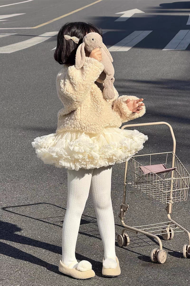 公主女童蓬蓬纱半身裙羊羔毛外套秋冬季tutu搭配套装奶黄色蛋糕裙