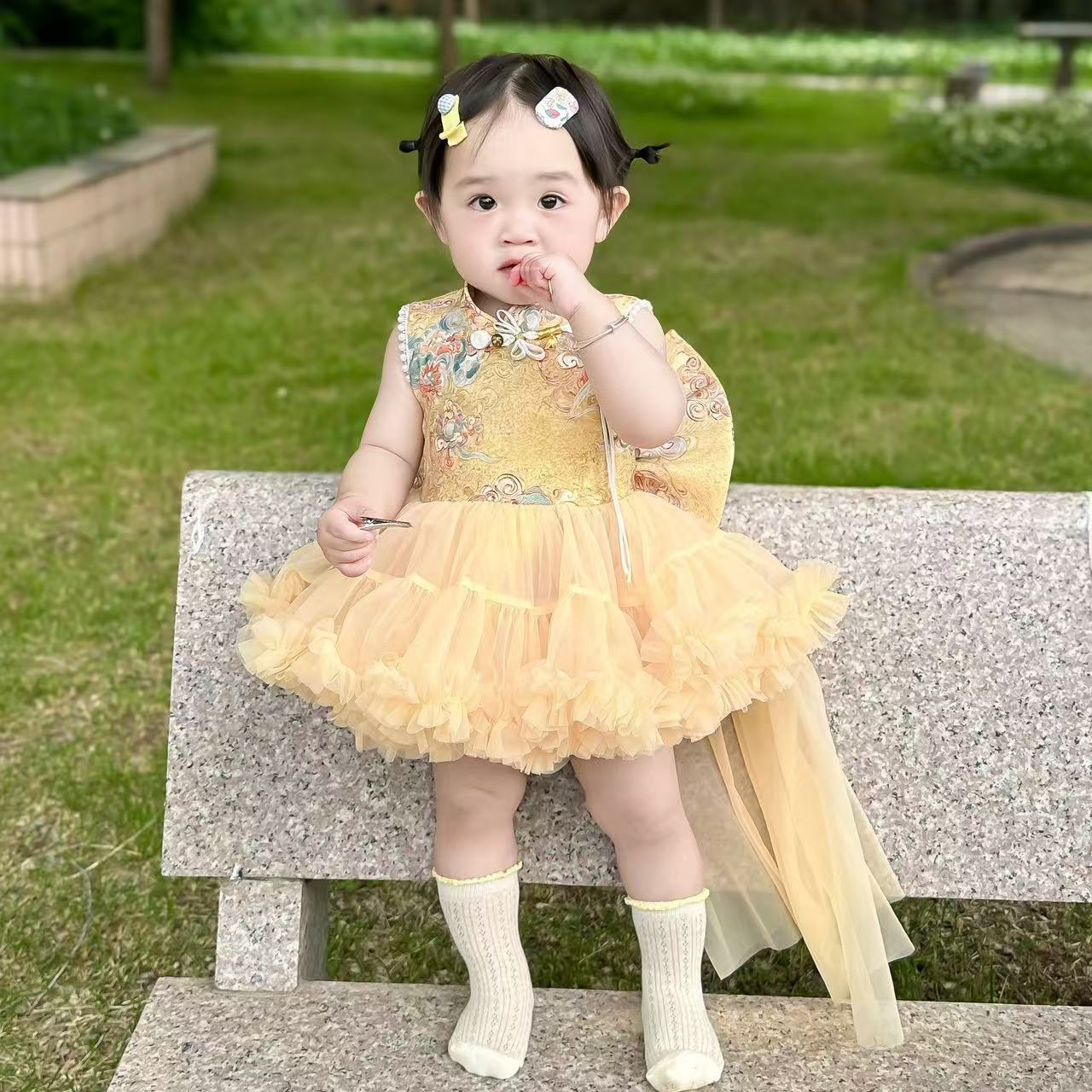2025夏季新款小女孩中国风旗袍拼接网纱tutu连衣裙蓬蓬纱汉服超仙