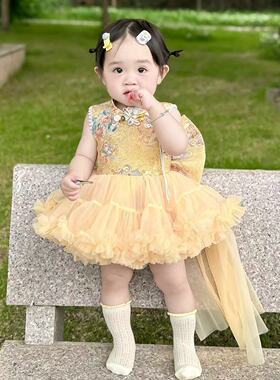 2026夏季新款小女孩中国风旗袍拼接网纱tutu连衣裙蓬蓬纱汉服超仙