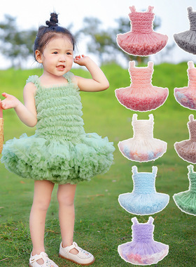 公主女童蓬蓬蛋糕裙网纱Tutu半身短裙生日凸凸婴儿吊带连衣裙绿色