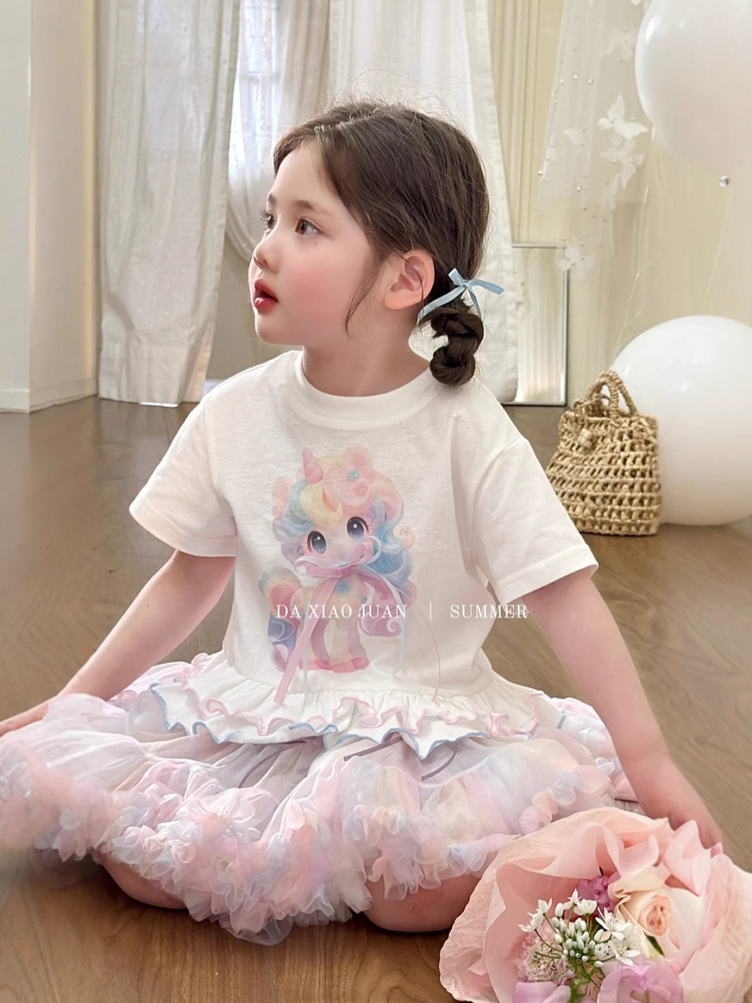 2025夏季女宝小马宝莉彩色蝴蝶结 配tutu裙上衣纯棉短袖T恤中大童