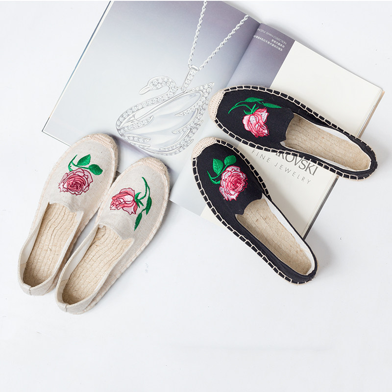 百搭印花亚麻包边平底手工渔夫鞋