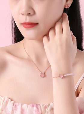 原创桃运萌龙锁骨项链女925纯银国潮新中式粉水晶和田玉耳钉手链