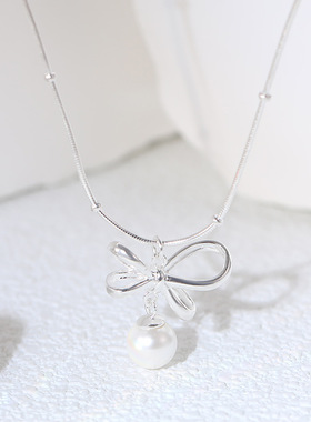 丝带蝴蝶结珍珠项链女s925纯银夏季ins甜美法式优雅小众锁骨链