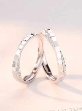 s925纯银情侣戒指一对韩版ins风菱形磨砂对戒简约开口指环可刻字