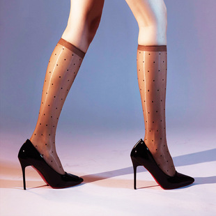 1D波点中筒袜极光小腿袜女圆点中统袜油亮超薄点点短袜油光丝袜子