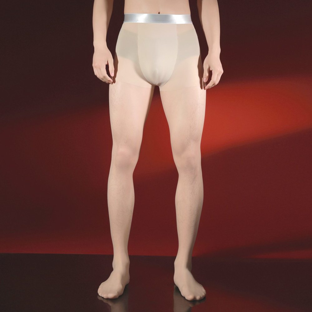 银色宽腰边超薄哑光丝袜男U型囊袋包芯丝连裤袜大码横开口打底袜