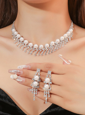 町卡新款奢华超闪珍珠项链耳环两件套 时尚精致气质优雅首饰套装