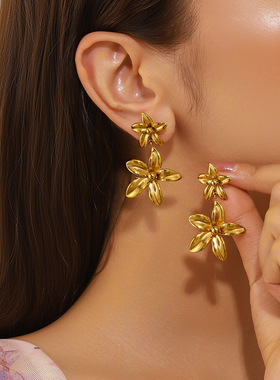 麦芽不锈钢钛钢耳环花瓣耳钉小清新18KGP不掉色 设计感时尚耳饰品