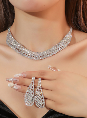欧美奢华几何镂空超闪水钻项链耳环套装女气质时尚锁骨链新娘首饰