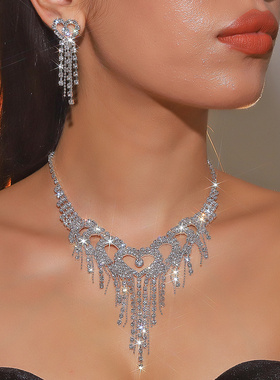 爆款银色水晶流苏长款项链耳环女