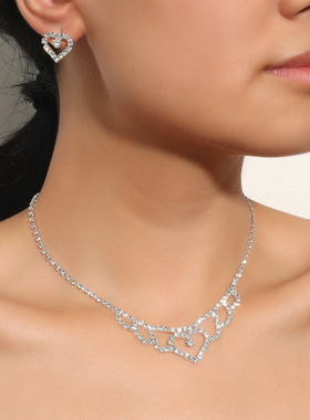 欧美闪亮镶钻爱心项链耳环两件套 婚纱礼服宴会配饰 新娘首饰饰品