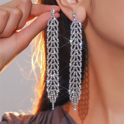新款闪亮满钻镂空长款耳环时尚女