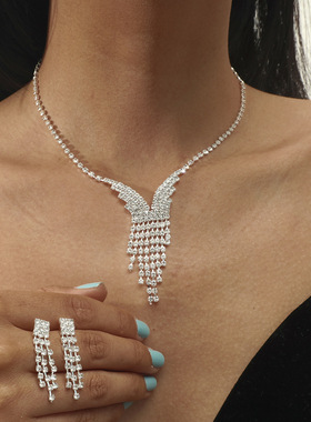 欧美跨境时尚婚纱礼服配饰闪亮满钻项链耳环套装新娘项饰耳饰