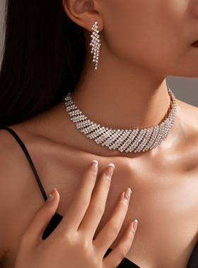 欧美奢华超闪满钻项链耳环套装女 气质时尚锁骨链颈链个性耳钉