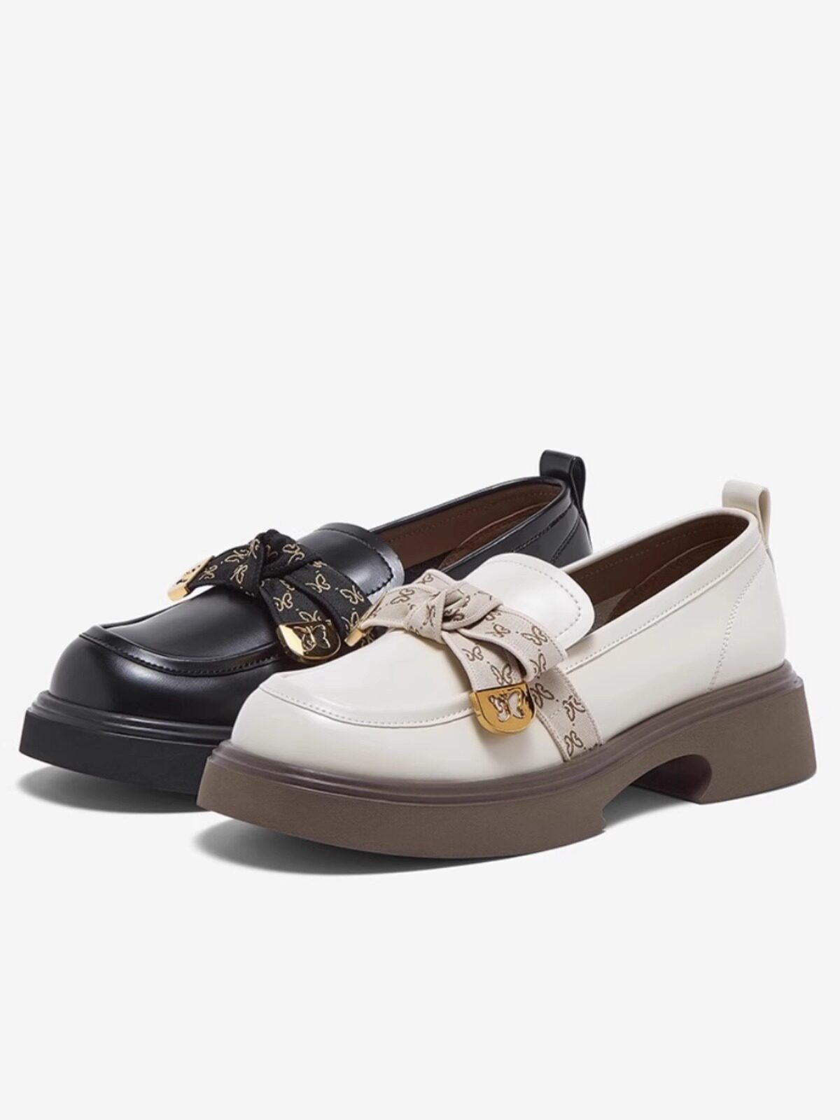 专柜正品百思图2024春新款女鞋英伦蝴蝶结乐福鞋深口单鞋wa399aa4