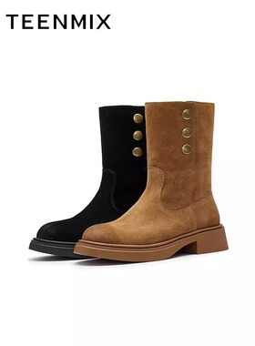 专柜正品天美意2024冬款女复古厚底骑士靴休闲短靴时装靴KXZ03DZ4