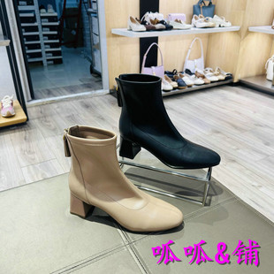 粗跟后拉链百搭瘦瘦弹力靴女短靴A1W1D 专柜正品 BELLE百丽2023冬款