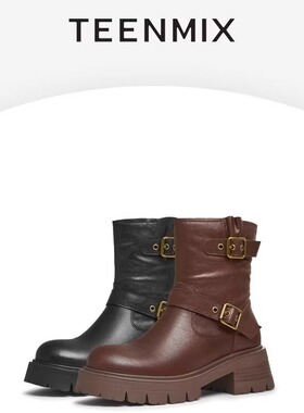 专柜正品天美意2024冬新款女鞋复古西部靴加绒机车骑士靴BK021DZ4