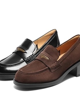 专柜正品百丽2025秋款女鞋海鸥粗高跟乐福小皮鞋深口单鞋3PAF2CA5