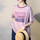 上衣2026新款 谷家 柔软棉质短袖 文艺百搭印花宽松T恤女 莫奈油画