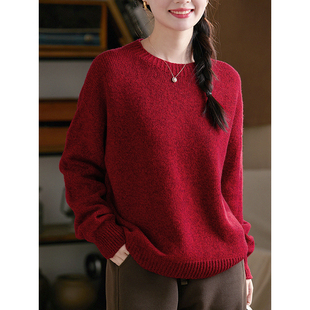 谷家 新年红100%羊毛无缝一体花纱羊毛衫圆领毛衣女 保暖针织衫