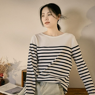 纯棉条纹拼接圆领长袖 文艺简约宽松上衣 新款 谷家 t恤女 2023春季