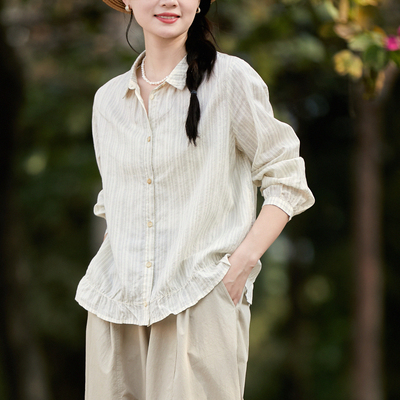 谷家 蚕丝长绒棉清新竖条纹轻薄衬衫 可甜可咸宽松显瘦文艺上衣女