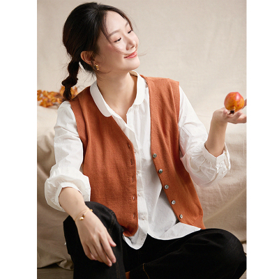 谷家 羊毛&棉气质V领叠穿针织马甲 文艺百搭无袖背心短款上衣秋新