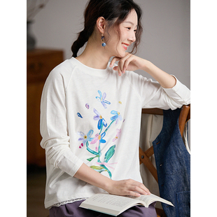 谷家 竹节棉花卉印花T恤 原创文艺花边下摆全棉彩绘小众长袖上衣