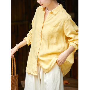 谷家100%色织亚麻竖条纹翻领衬衫 松驰感气质百搭显瘦长袖上衣女