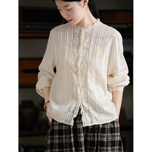 谷家 棉羊毛柔软舒适花边小圆领长袖衬衫 重工拼接精致打底上衣女