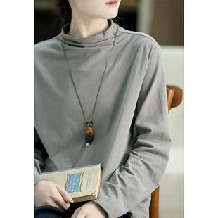 纯色保暖上衣全棉打底衫 谷家 柔软亲肤长绒棉半高领宽松显瘦T恤