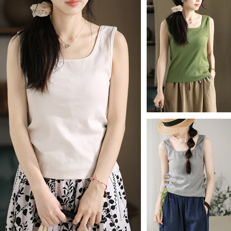 谷家 柔软棉质螺纹显瘦休闲背心 无袖内搭打底夏季外穿方领上衣